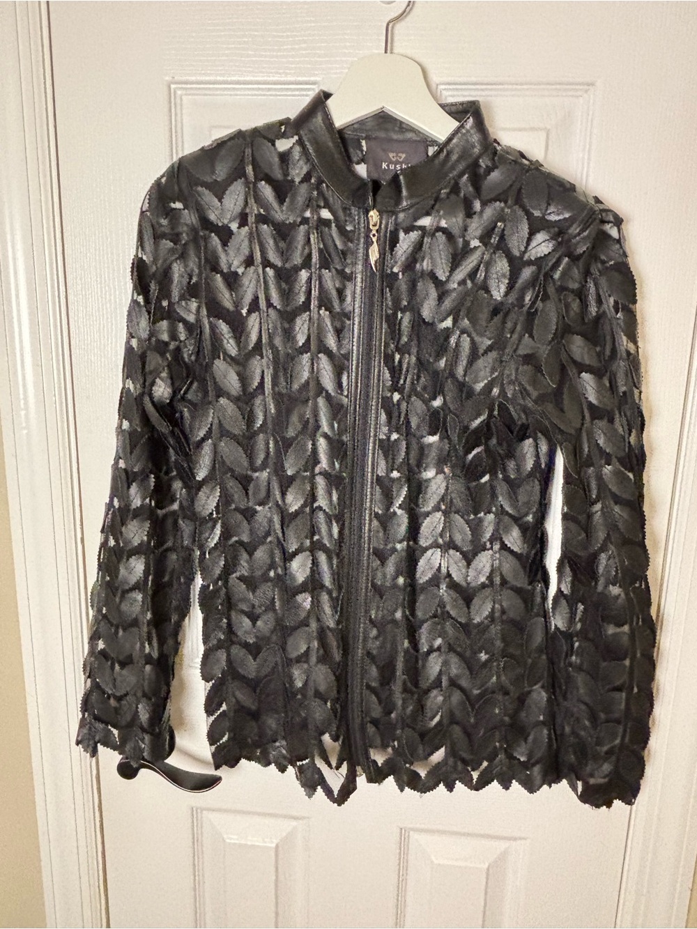 Kushi Genuine Leather Mesh Leaf Jacket Black Sheer Zip Size Small